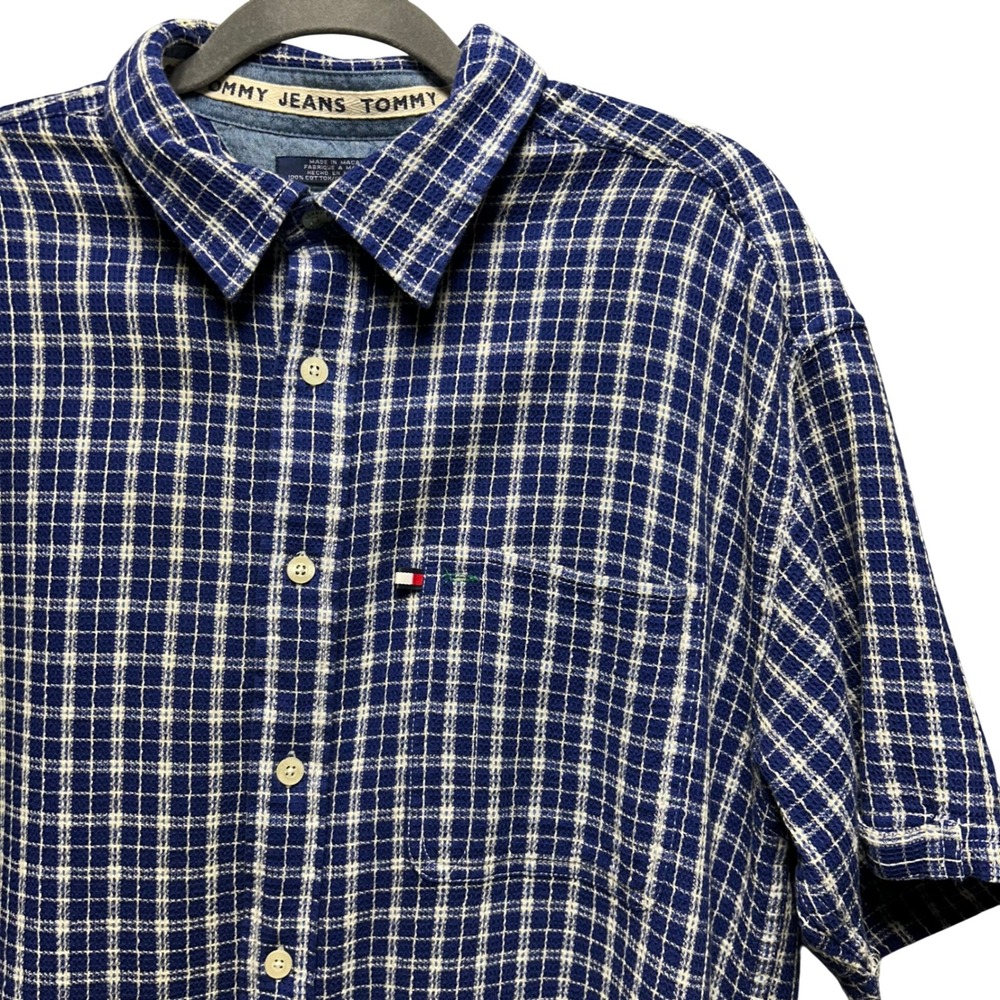 Tommy Jeans Button Down Shirt Mens L Blue Plaid Waffle Weave Vintage Streetwear‎